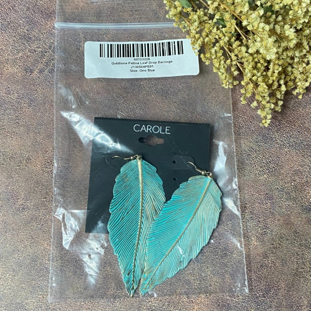 Goldtone Patina Leaf Drop Earrings - Picture 7 of 9